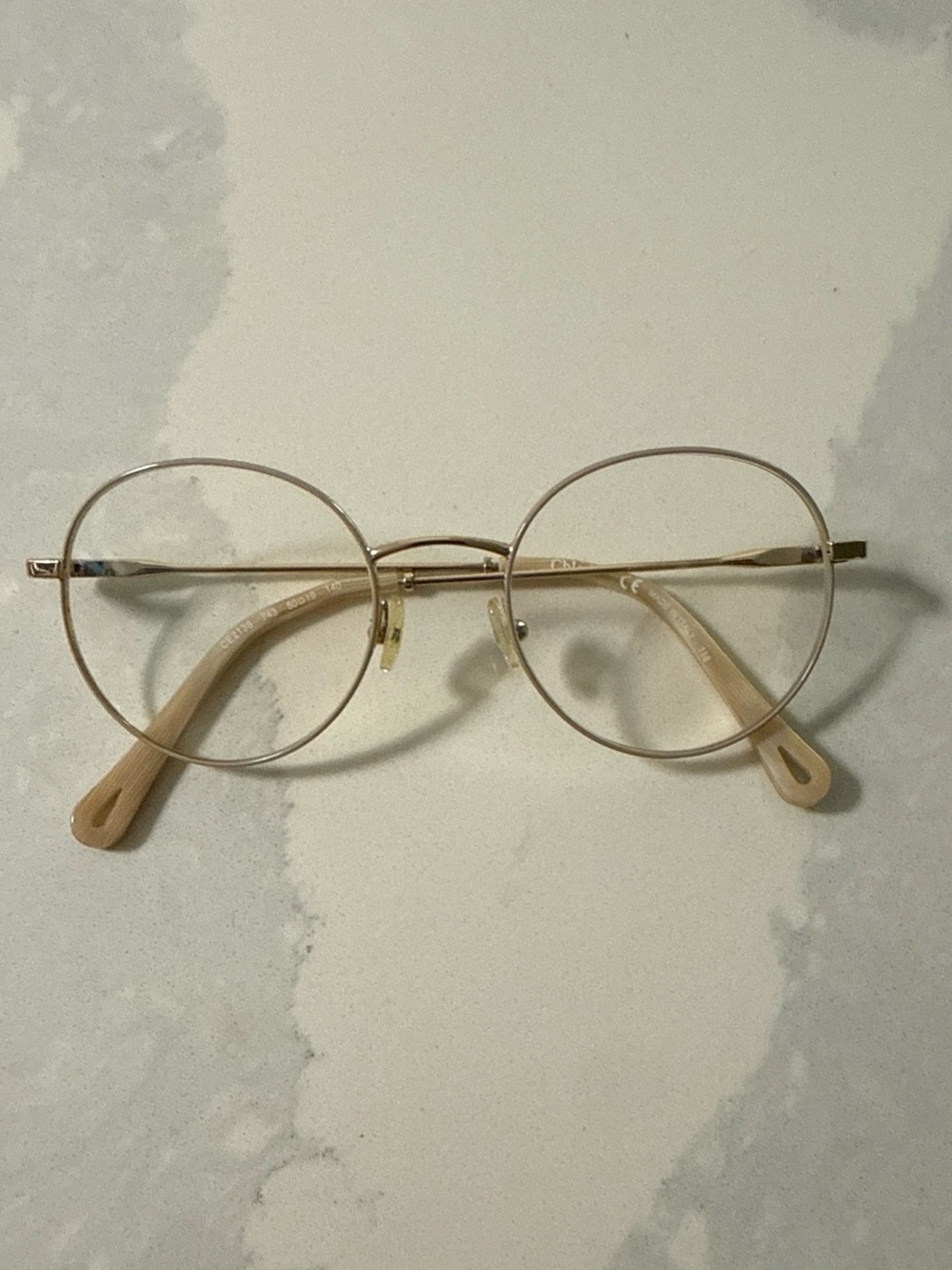 Chloe Round Metal Women's Glasses in Gold and Beige Temple Tips